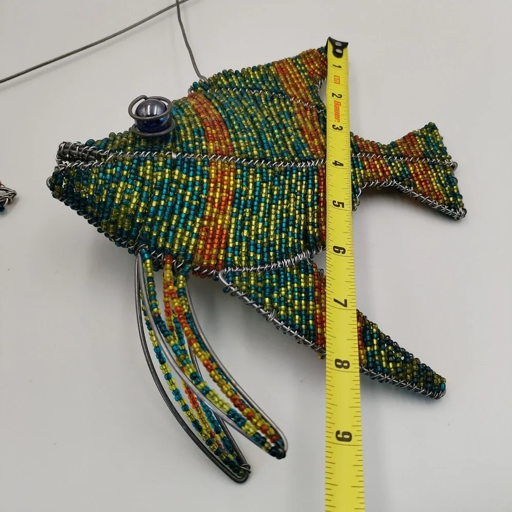 Beaded Wire Marine Life Fish Seahorse Ornaments Lot 3 Coastal Home Decor Folk